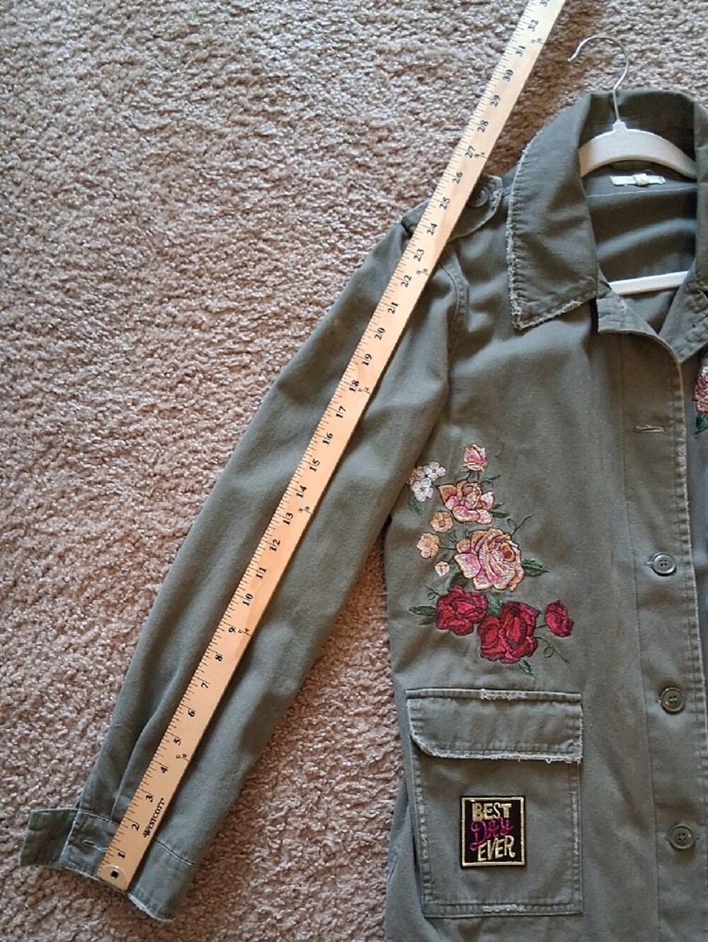 Maurices Olive Green Utility Jacket with Floral Embroidery And ACDC Design - Picture 13 of 16
